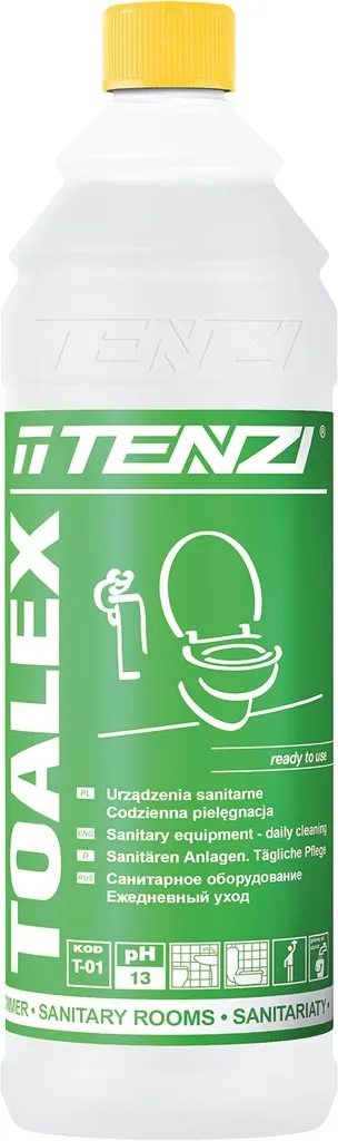 Butelka z preparatem o nazwie Toalex, marki Tenzi. Jest to płyn w kolorze zielonym, przeznaczony do dezynfekcji sanitariatów, o pojemności 1 litr.