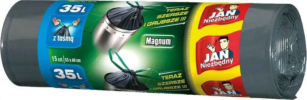Rolka czarnych worków na śmieci LD Magnum, 35 litrów, 10 sztuk w rolce, z uchwytem ściągającym.