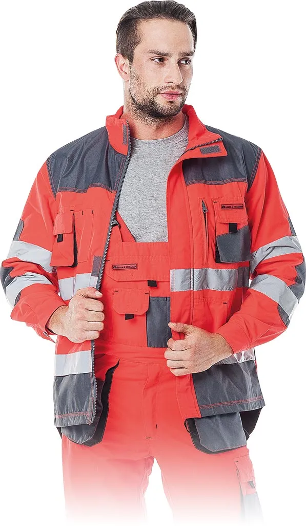 Bluza ochronna FORMEN, męska, w kolorze czerwono-szarym, z licznych kieszeni, wzmocnieniami na ramionach i odblaskowymi pasami dla lepszej widoczności.