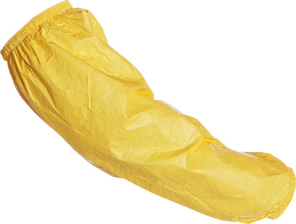 Zarękawek ochronny z żółtego materiału Tychem® C, elastyczne zakończenie u góry, przeznaczony do ochrony ramienia.