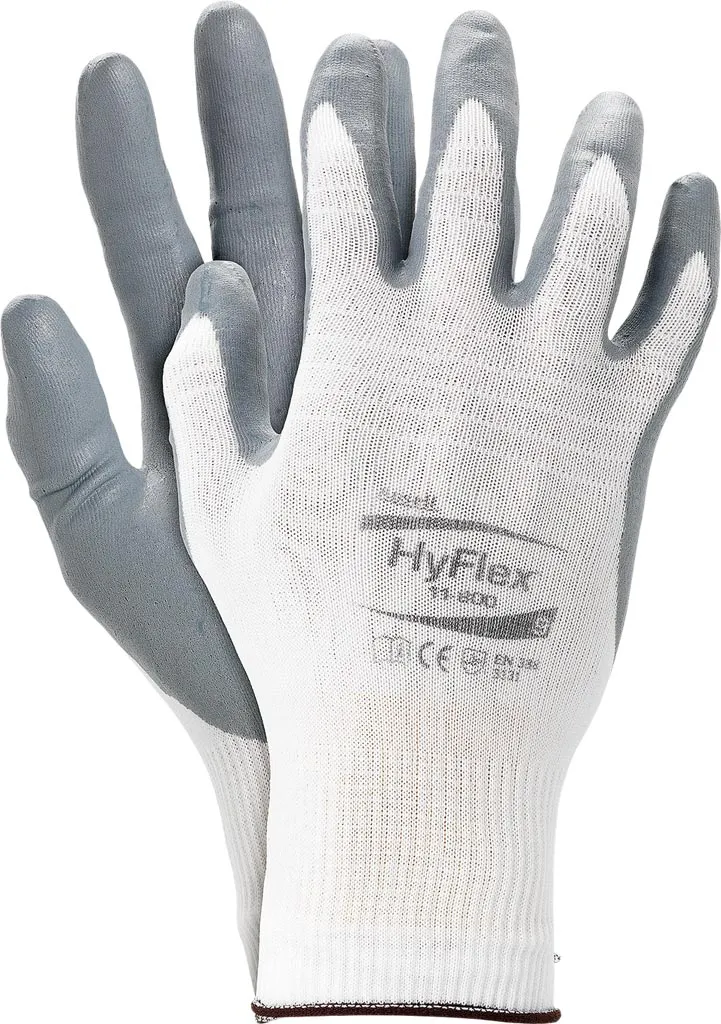 Rękawice ochronne HyFlex® 11-800, kolor biało-szary, z elastycznym mankietem. Na wewnętrznej stronie dłoni i palców pokrycie z szarego materiału, reszta rękawicy w kolorze białym.