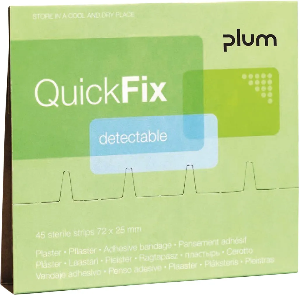Opakowanie plastrów QuickFix marki Plum, wersja detectable. Zawiera 45 plastrów o wymiarach 72 x 25 mm. Plastry są wykrywalne, przeznaczone do użytku w przemyśle spożywczym.