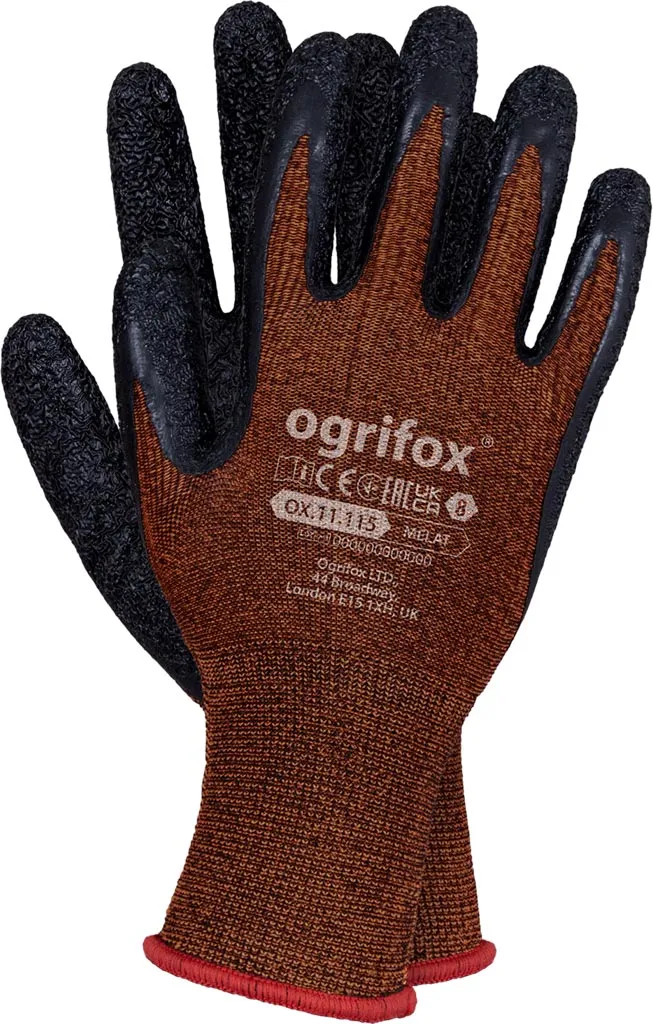 Rękawice ochronne Ogrifox, model OX.11.115 MELAT, posiadają certyfikat CE EN388. Są brązowe z czarnym pokryciem na dłoniach, mają czerwony ściągacz na nadgarstkach.