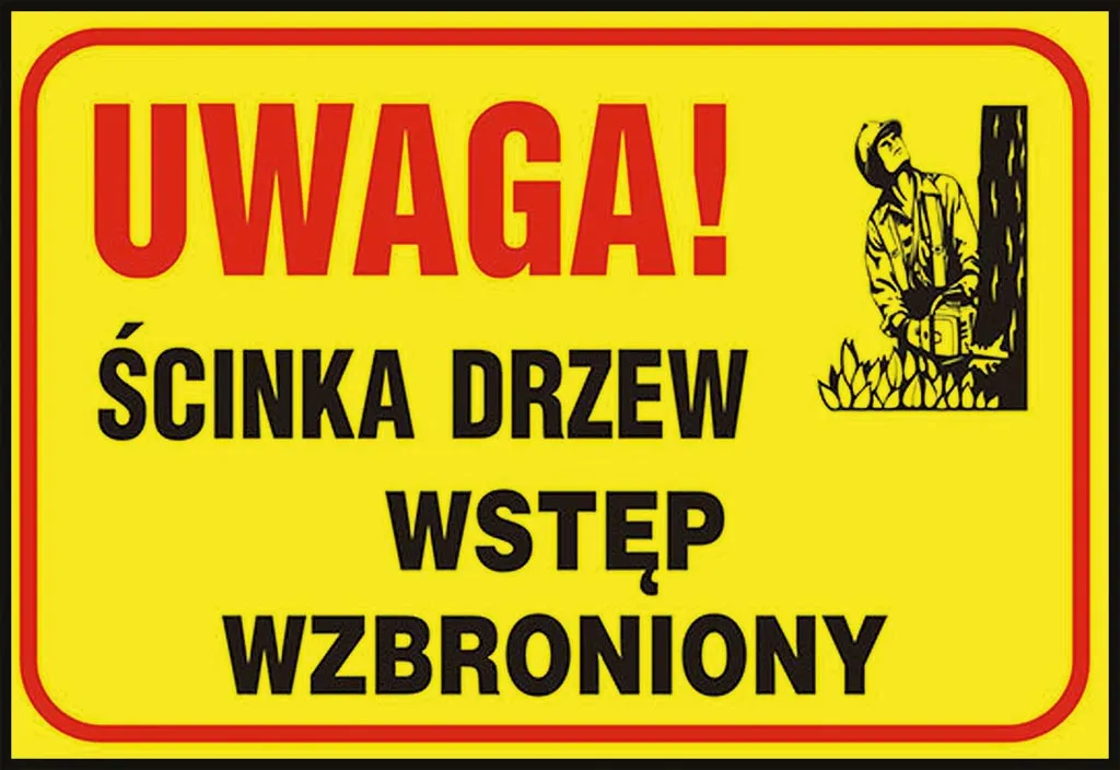 Znak bezpieczeństwa o żółtym tle z napisem 