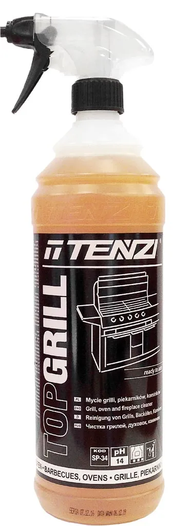 Butelka z preparatem do czyszczenia grilli marki Tenzi, model TopGrill, w pojemniku z rozpylaczem. Zapakowany w przezroczystą butelkę, płyn o żółtym kolorze.