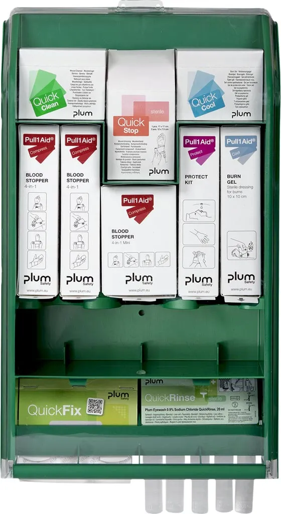 Zielona stacja pierwszej pomocy zawiera wyraźnie oznaczone komory z różnymi produktami takimi jak bandaże, plastry, opatrunki i płyny do przemywania oczu. Wyposażona także w instrukcje obsługi i przegródki na dodatkowe akcesoria medyczne.