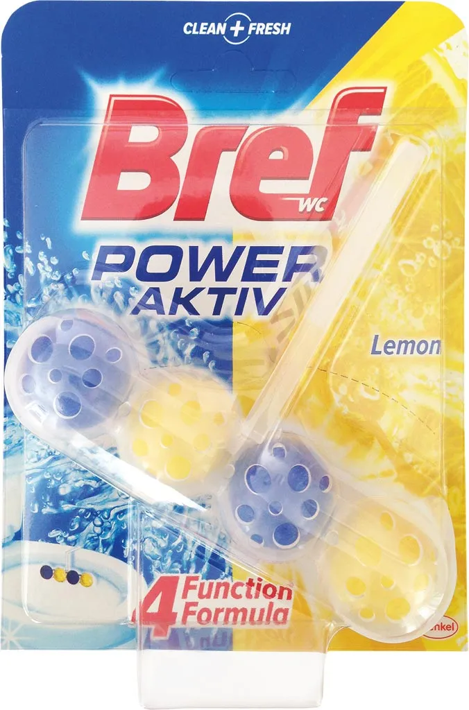 Opakowanie kostki WC Bref Power Aktiv o zapachu cytrynowym. Produkt ma formułę 4 w 1 zapewniającą czystość i świeżość, prezentowany na błękitnym tle z grafiką bąbelków.