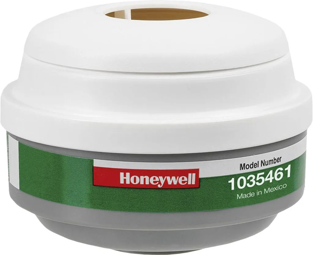 Produkt to biały filtorpochłaniacz K1P3 marki Honeywell, model 1035461, fabrycznie nowy. Ma zielony pasek z nazwą marki i numerem modelu.