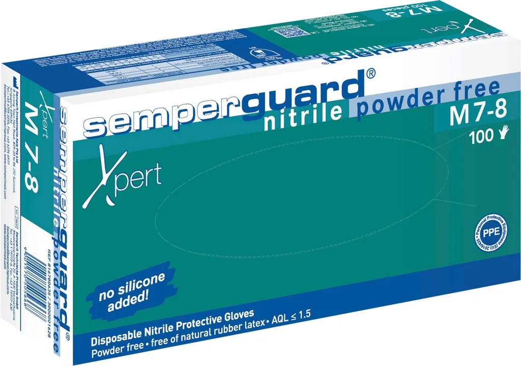 Opakowanie niebiesko-białe rękawic nitrylowych SEMPERGUARD XPERT, bezpudrowych, rozmiar M 7-8, 100 sztuk, bez silikonu.
