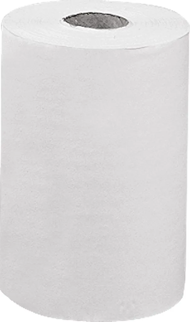Biała rolka ręczników papierowych, bez wzorów lub nadruków.