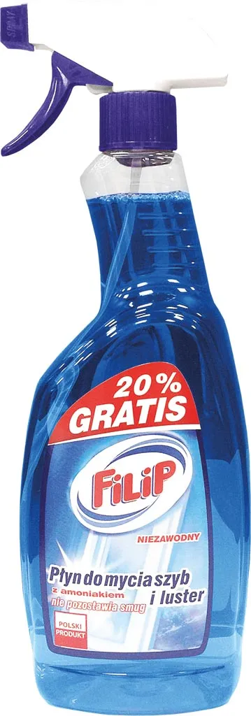Na zdjęciu widoczny jest niebieski, przezroczysty płyn do mycia szyb marki Filip w plastikowej butelce z pompką. Opakowanie zawiera informację o dodatkowych 20% produktu gratis.