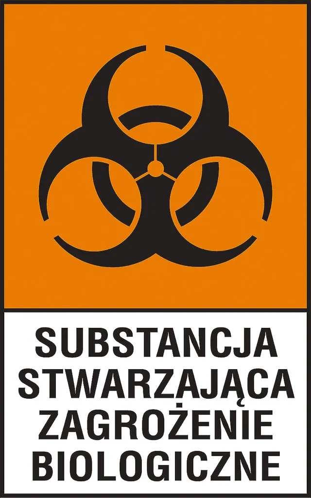 Znak bezpieczeństwa na pomarańczowym tle z czarnym symbolem biohazardu i tekstem: