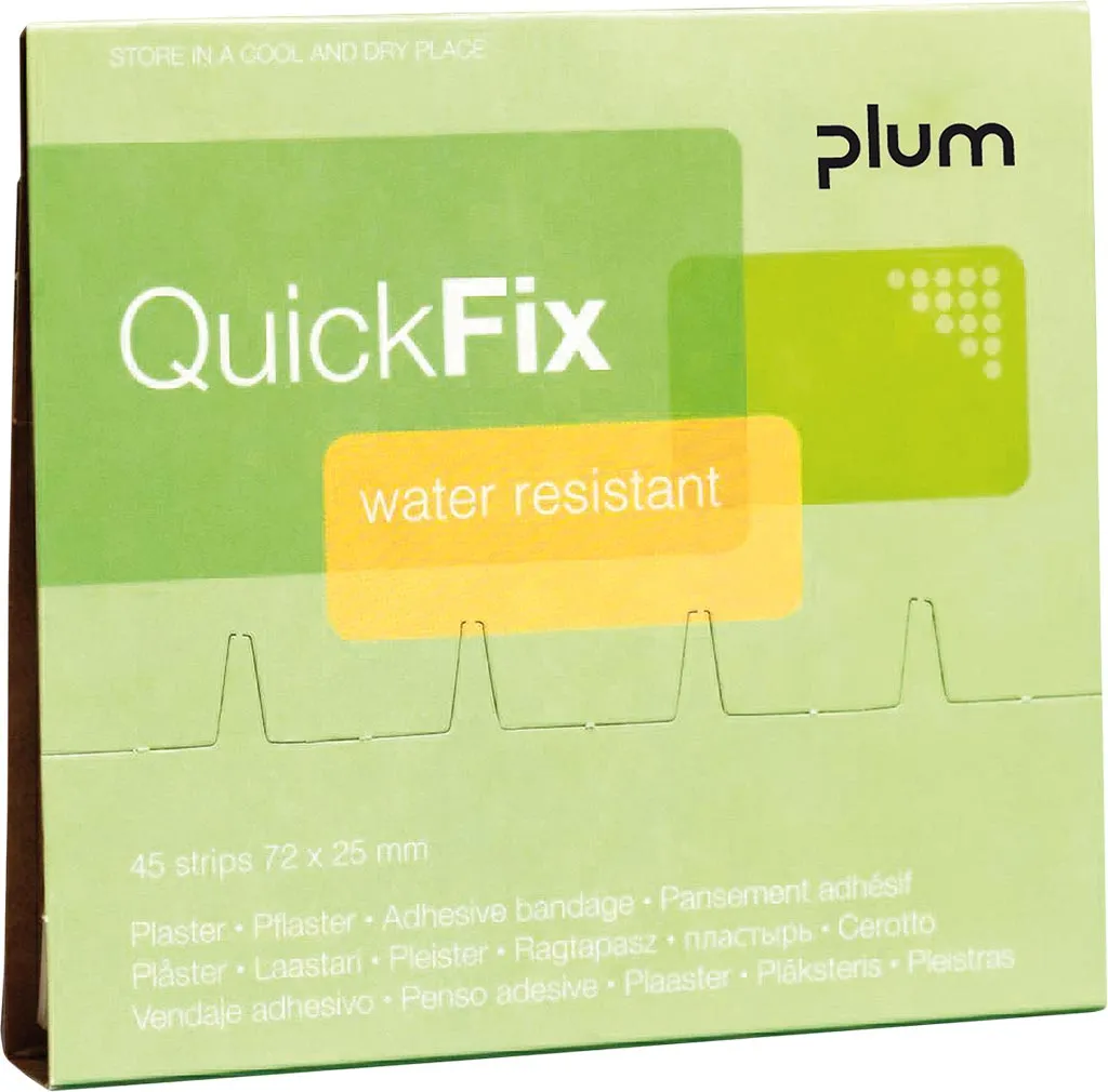 Opakowanie zawiera 45 sztuk wodoodpornych plastrów QuickFix marki Plum.