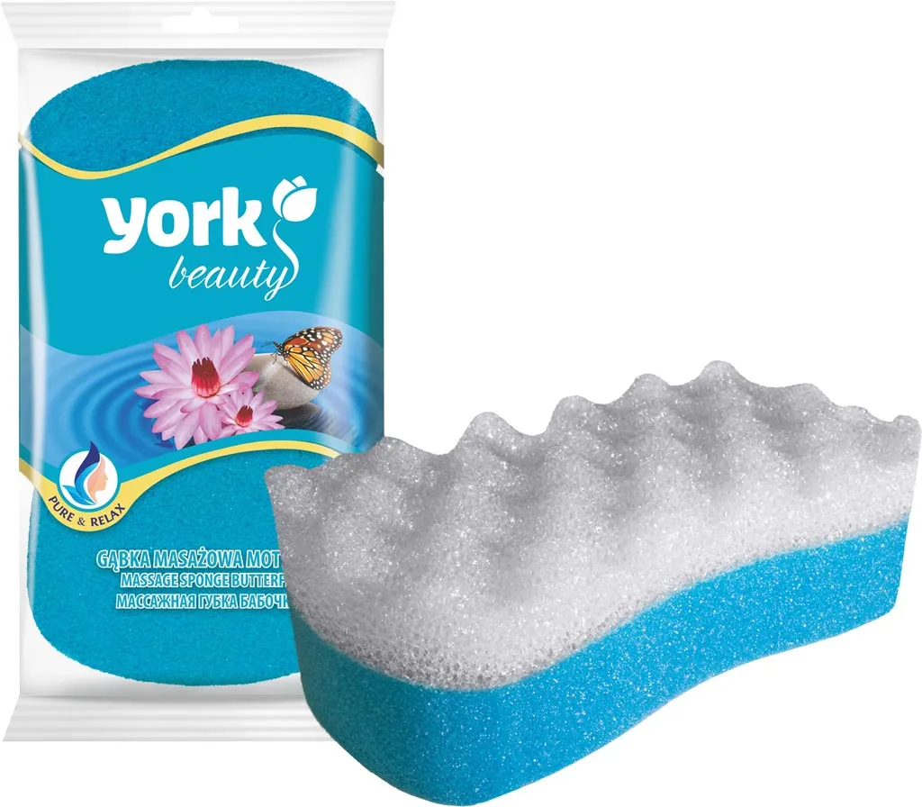 Gąbka masażowa MOTYL marki York Beauty, dwukolorowa (biało-niebieska), o nieregularnej, falistej formie przypominającej motyla. Opakowanie z grafiką kwiatu i motyla.