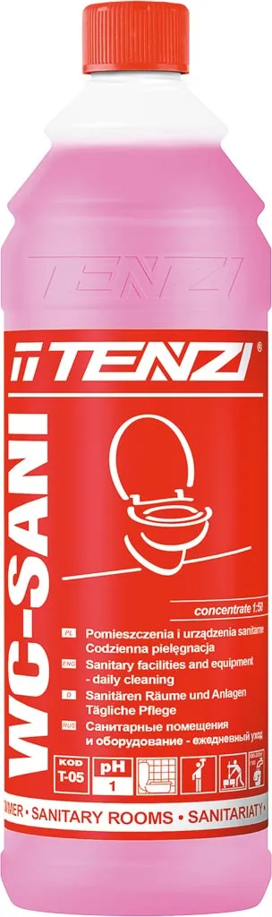 Różowa butelka środka czyszczącego WC-Sani marki Henzi, o pojemności 1 l, przeznaczona do czyszczenia sanitariatów. Butelka zawiera opis właściwości produktu i grafikę z toaletą.