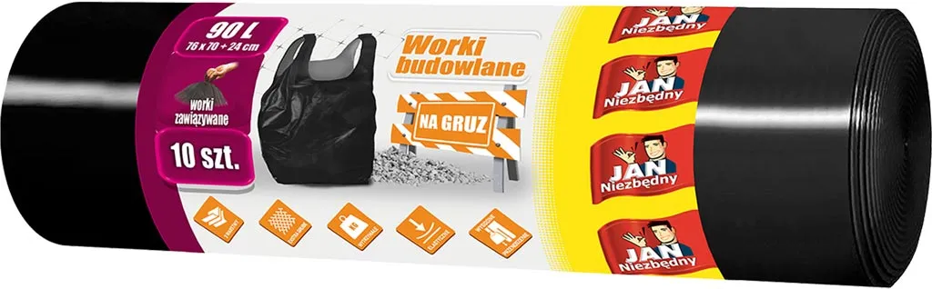 Czarne worki na gruz z uchwytami, opakowanie 10 sztuk. Na opakowaniu informacja o bardzo mocnym materiale i odporności na przecieranie.