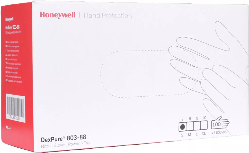 Opakowanie białe z czerwonym paskiem, marki Honeywell, model DexPure 803-88, zawiera 100 sztuk rękawic nitrylowych, rozmiary S, M, L dostępne, bezpudrowe.