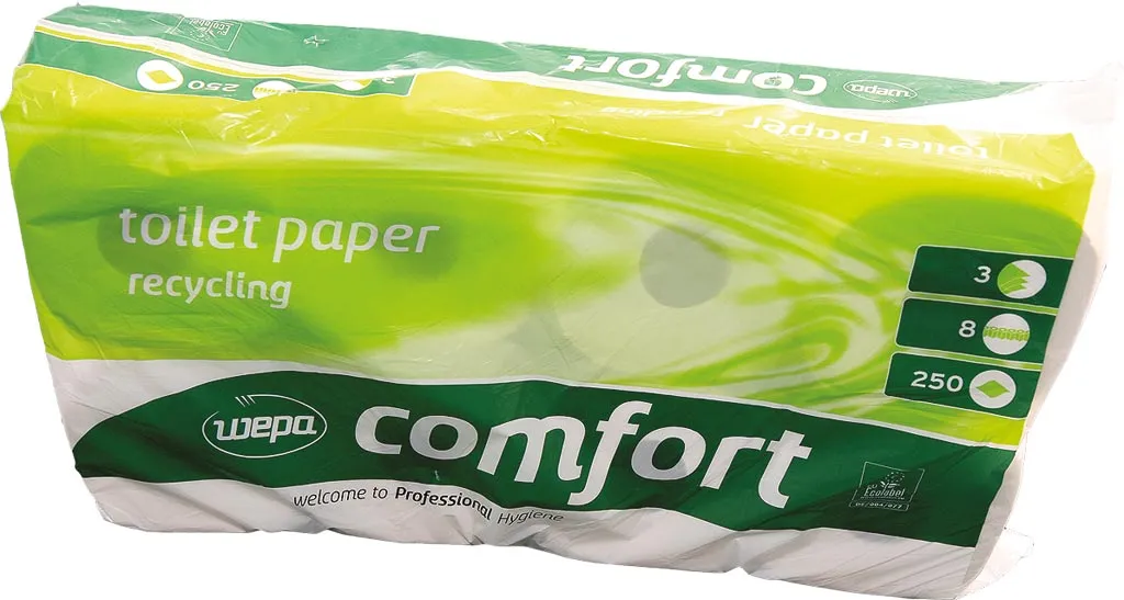 Papier toaletowy Clou Comfort, opakowanie zawiera 8 rolek, oznaczone jako produkt z recyklingu. Opakowanie w kolorach biało-zielonych z napisem