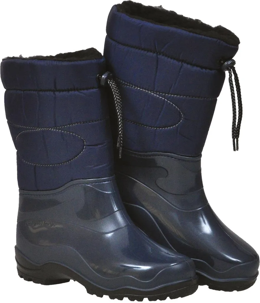 Buty ocieplane damskie z niebieską, wodoodporną gumową dolną częścią i ciemnoniebieską, tekstylną górną częścią. Posiadają zamek błyskawiczny i sznurek do regulacji na górze.