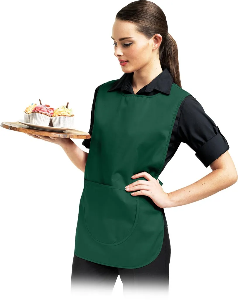 Zielona tunika damska z krótkim rękawem, posiada dużą kieszeń z przodu. Tunika jest typu narzutka, zakładana przez głowę. Idealna do pracy w gastronomii.