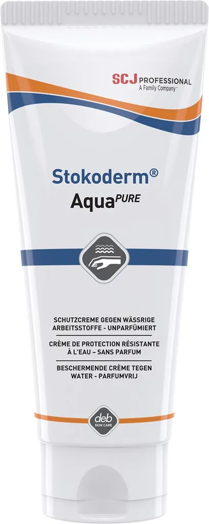 Tuba białego kremu do rąk Stokoderm Aqua Pure, zaprojektowana w kolorach biało-niebiesko-pomarańczowych. Na opakowaniu jest napisane, że krem jest hipoalergiczny i bezbarwny.