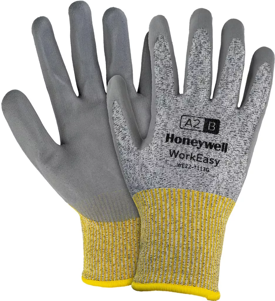 Rękawice ochronne Honeywell WorkEasy 7113G, z żółtą ściągaczową mankietem, szarą powłoką na dłoniach i palcach oraz szaro-żółtym, teksturowanym materiałem na górnej części. Na każdej rękawicy widoczne oznaczenia modelu i marki.