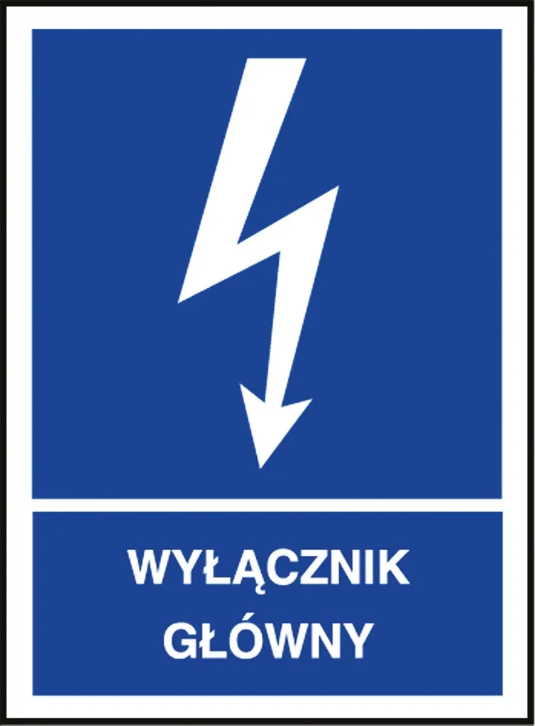 Znak bezpieczeństwa przedstawia białą ikonę błyskawicy na niebieskim tle, z białym napisem