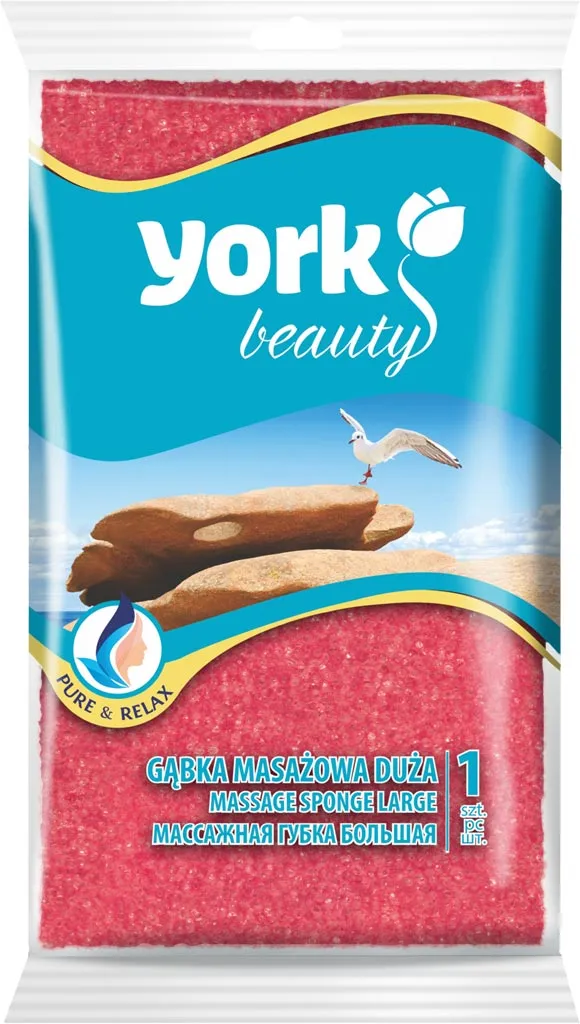 Opakowanie gąbki kąpielowej marki York Beauty z naturalną łuffą i mikrofibrami, przeznaczonej do głębokiego oczyszczania i złuszczania skóry.