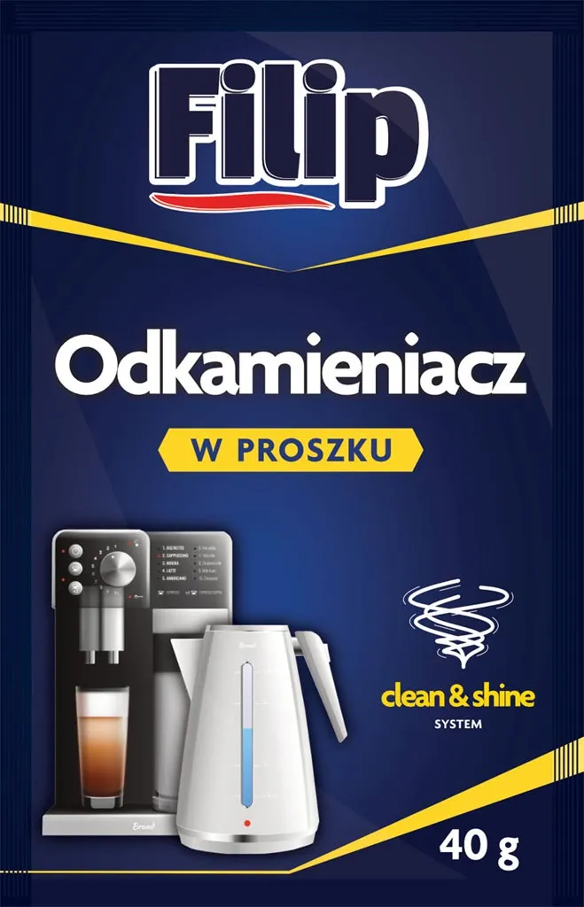 Odkamieniacz marki Filip w proszku, pakowany w saszetkę o wadze 40 g. Na opakowaniu grafika prezentuje zastosowanie produktu do czyszczenia ekspresu do kawy i czajnika. Produkt pomaga zachować