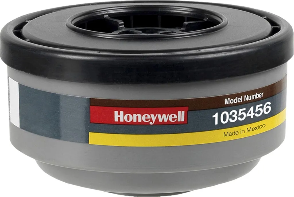 Cylindryczny pochłaniacz firmy Honeywell, model 1035456, wykonany w Meksyku. Posiada barwne pasy sygnalizujące typ filtracji oraz czarną obudowę.