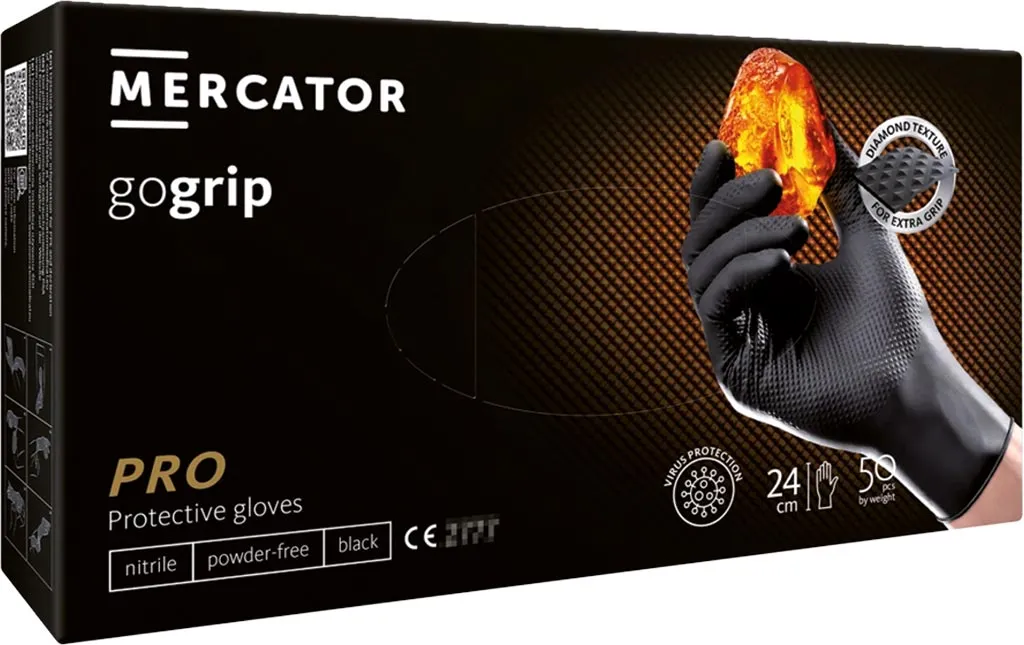 Opakowanie rękawic nitrylowych Mercator gogrip PRO, kolor czarny, 24 sztuki, ochronne, bezpudrowe, z certyfikatem CE 2777.