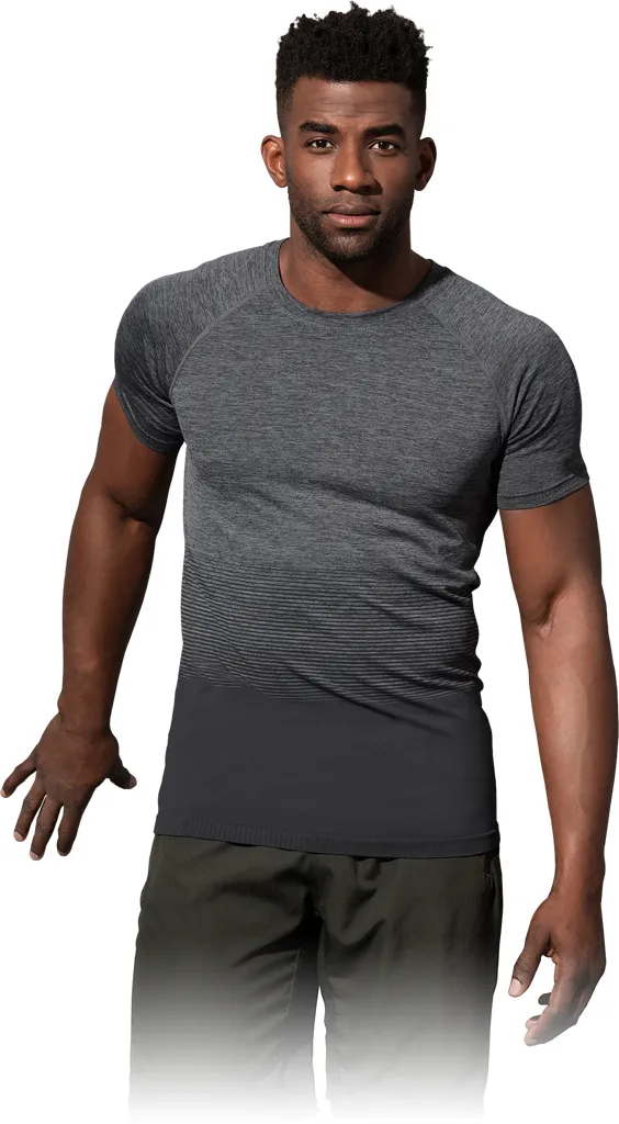 T-shirt męski w kolorze szarym o melanżowej fakturze, z krótkimi rękawami i okrągłym dekoltem.
