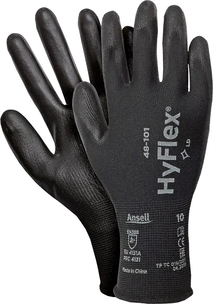 Rękawice ochronne Hyflex® 48-101, czarne, wykonane z materiału przypominającego tkaninę. Na nadgarstku widoczne oznaczenia modelu oraz rozmiaru (8/M).
