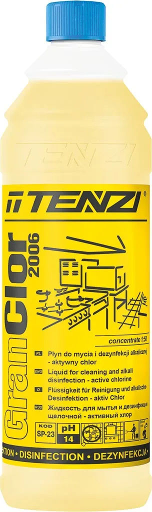Butelka preparatu GrannClor 2006 marki Tenzi. Oznaczenie to skoncentrowany środek do mycia i dezynfekcji z aktywnym chlorem. Opakowanie jest żółte z niebieską nakrętką i etykietą zawierającą informacje oraz instrukcje obsługi.
