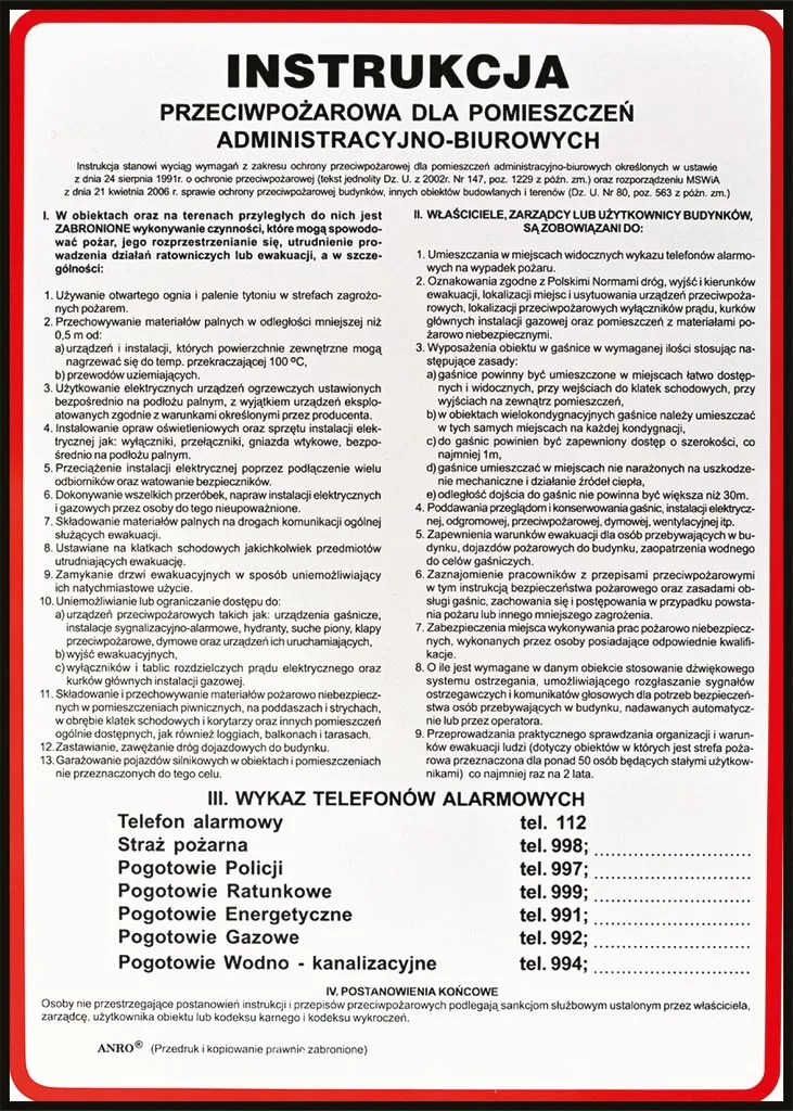 Instrukcja przeciwpożarowa dla pomieszczeń administracyjno-biurowych zawiera wytyczne dotyczące zapobiegania pożarom i postępowania w przypadku pożaru, numery alarmowe, oraz informacje o wyposażeniu przeciwpożarowym.