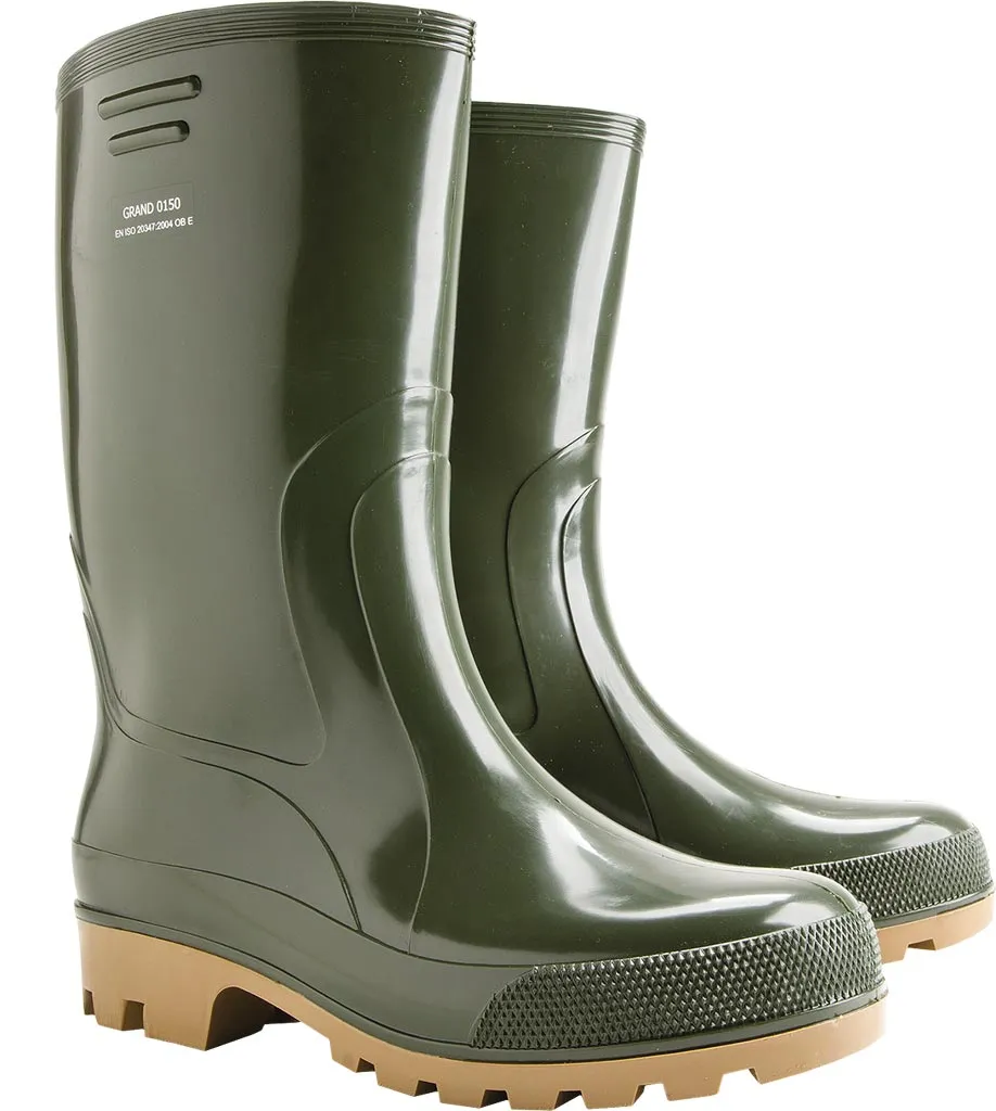 Buty zawodowe, typ kalosze, kolor zielony, wykonane z gumy. Wzmocniony przód i grubsza podeszwa ze wzorem antypoślizgowym.