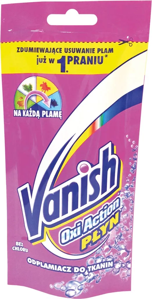 Opakowanie odplamiacza Vanish Oxi Action w płynie. Opakowanie jest różowe i zawiera hasło