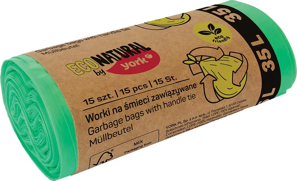 Rolka zielonych worków na śmieci EcoNatural, 15 sztuk o wymiarach 1 x 1,5 metra. Worki są biodegradowalne.