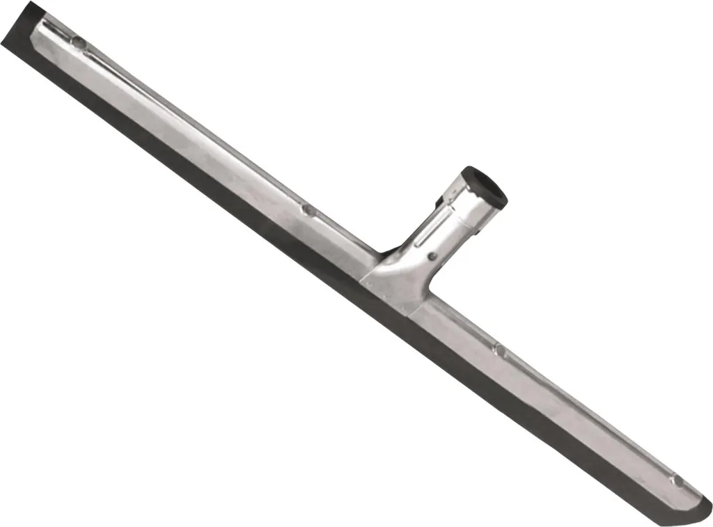 Ściągacz do podłogi wykonany z metalu, wyposażony w długą, prostokątną gumę i metalową rączkę w kształcie litery