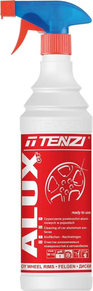 Butelka z preparatem do mycia felg aluminiowych ALUX GT marki Tenzi, z czerwoną etykietą i białym napisem oraz niebieską spryskiwaczką. Na etykiecie widoczny jest schemat felgi.
