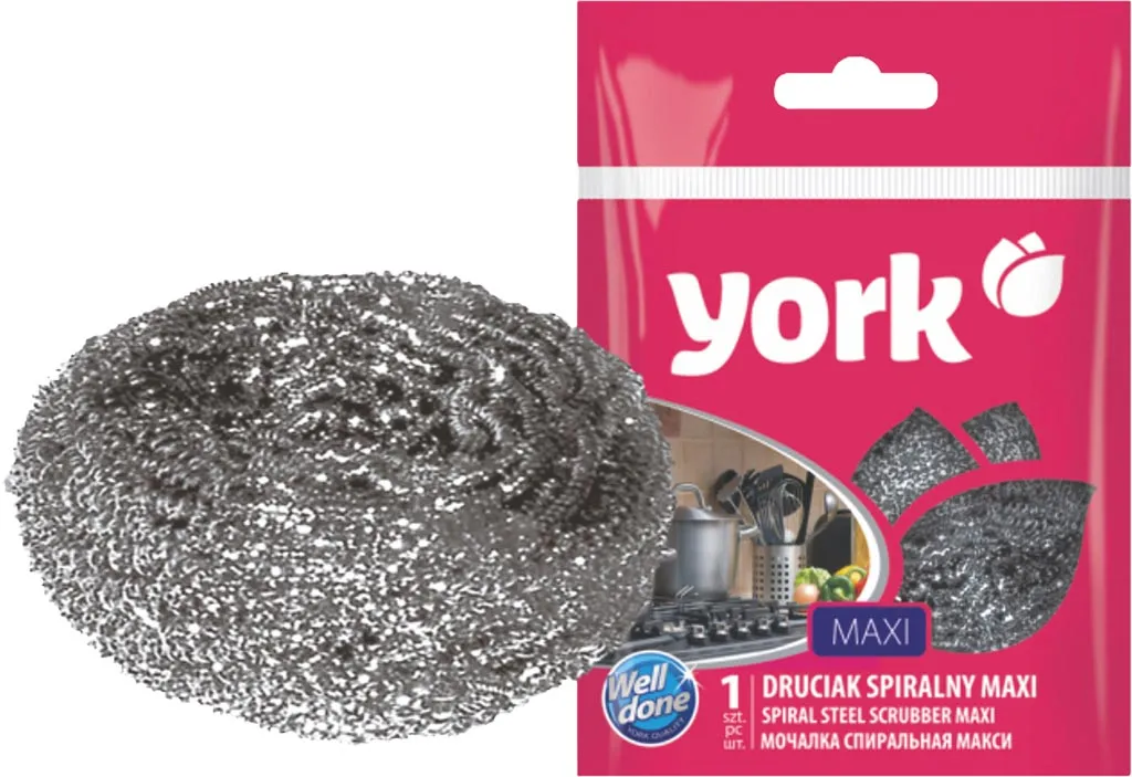 Czyścik spiralny MAXI marki York, przeznaczony do mycia garnków, o rozm. maxi, wykonany z metalu, opakowanie jednostkowe.