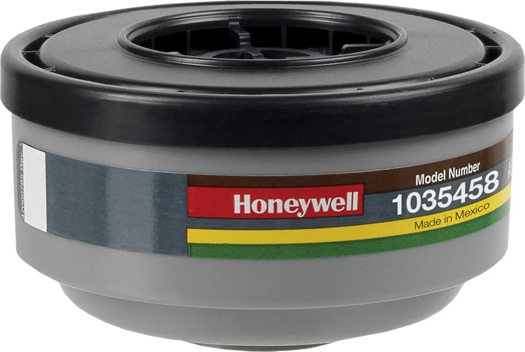 Czarny pochłaniacz ABEK1 marki Honeywell, model 1035458. Made in Mexico. Ma pasy kolorowe: czerwony, żółty, zielony i niebieski.