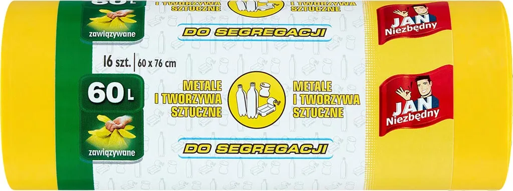 Opakowanie żółtych worków na śmieci marki Jan Niezbędny o pojemności 60L, przeznaczonych do segregacji. Zestaw zawiera 15 sztuk.