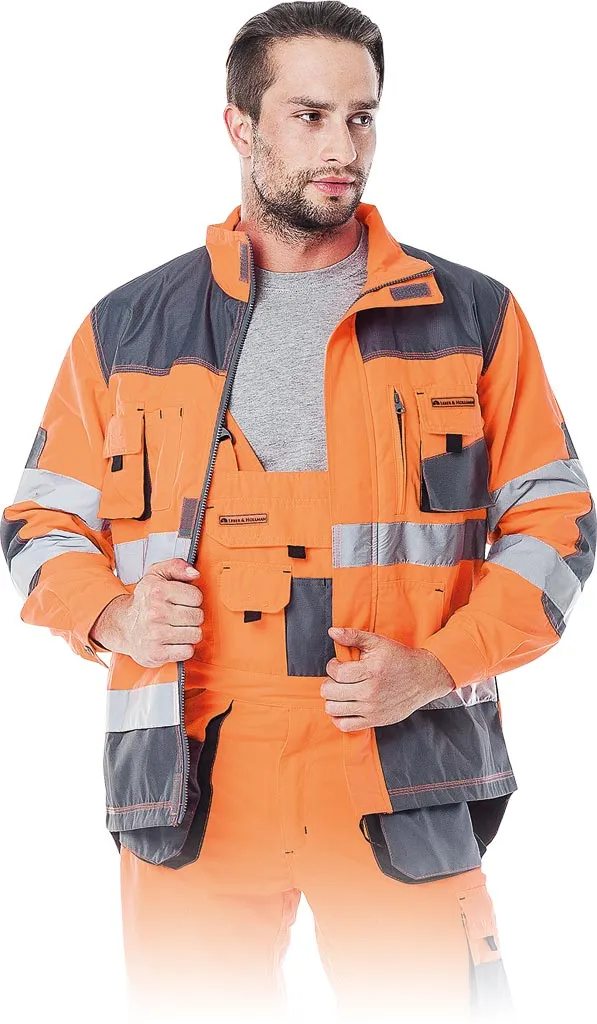 Bluza ochronna męska FORMEN w kolorze pomarańczowym z szarymi i czarnymi elementami. Posiada liczne kieszenie, odpinane rękawy oraz odblaskowe pasy poprawiające widoczność.