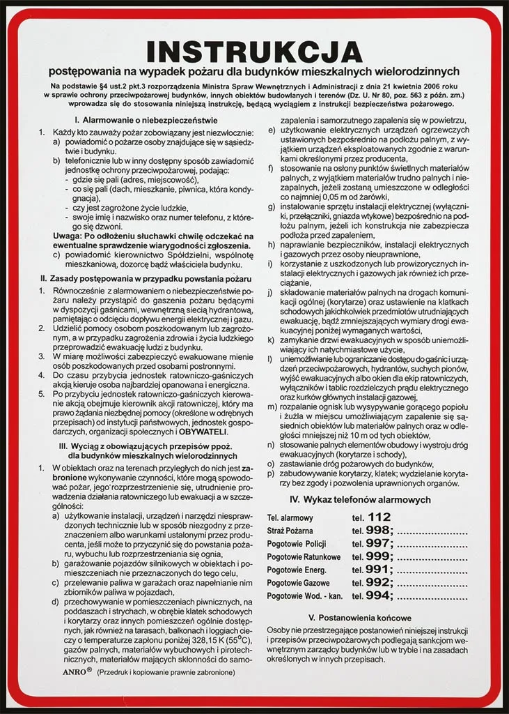 Instrukcja BHP dotycząca postępowania na wypadek pożaru w budynkach mieszkalnych wielorodzinnych. Zawiera listę środków zapobiegawczych, akcji ratunkowych i sposobów ewakuacji.