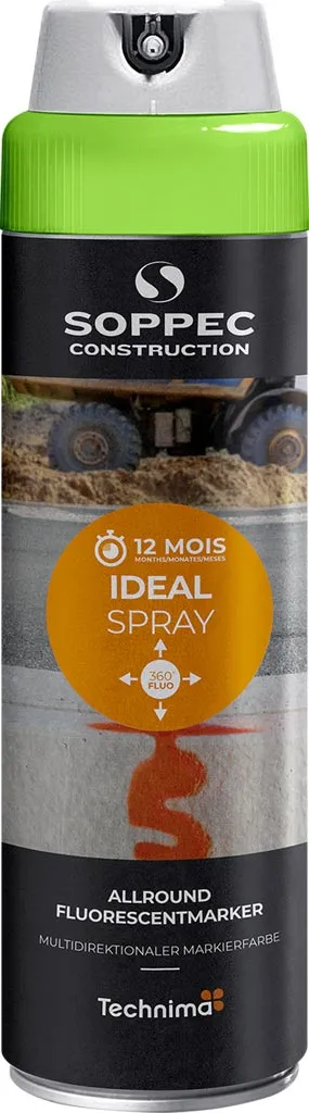 Puszka fluorescencyjnej farby do znakowania SOPPEC CONSTRUCTION, 12 MOIS IDÉAL SPRAY, kolor srebrno-pomarańczowy z zielonym wieczkiem, przeznaczona do użytku wielokierunkowego (360 stopni).