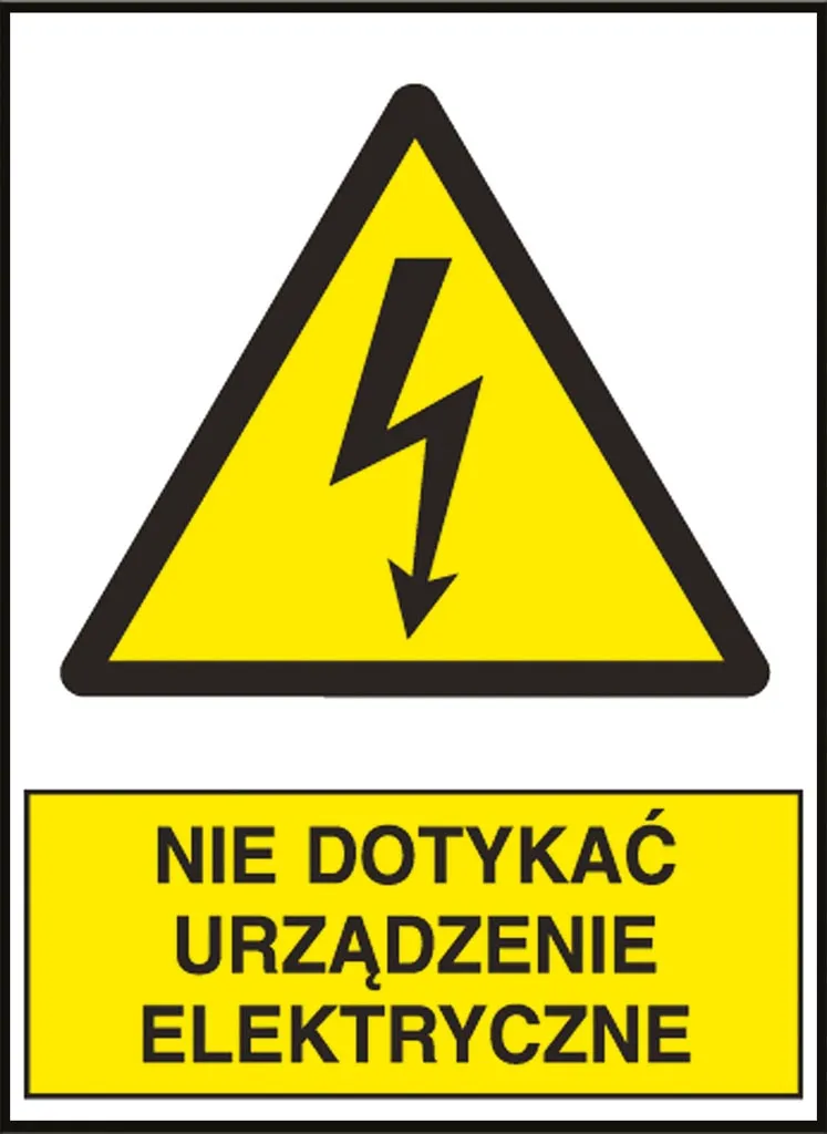 Znak ostrzegawczy w kształcie trójkąta z żółtym tłem i czarną obwódką, zawierający ikonę błyskawicy. Pod spodem znajduje się żółty prostokąt z napisem