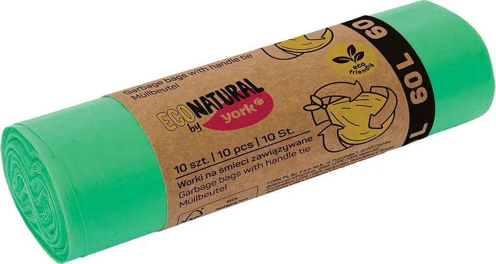 Worki na śmieci marki ECONATURAL, kolor zielony, 10 sztuk w roli, rozmiar 60 l, z taśmą ściągającą. Na opakowaniu obrazek banana i informacja, że produkt jest przyjazny dla środowiska.