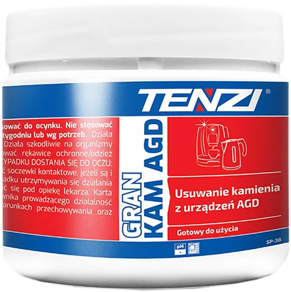 Opakowanie białego odkamieniacza w granulkach, marki Tenzi. Przeznaczony do usuwania kamienia z urządzeń AGD. Na etykiecie znajduje się logo firmy oraz symbol ekspresu do kawy. Produkt gotowy do użycia.