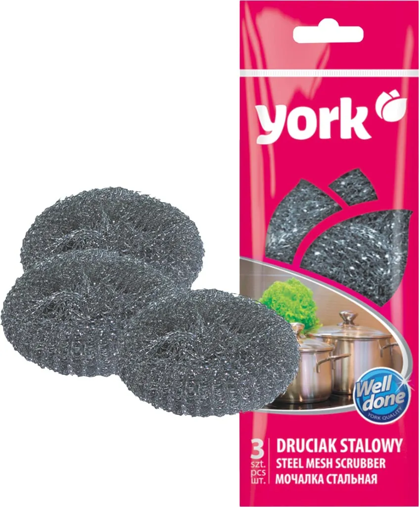 Opakowanie zawiera trzy ścierki stalowe marki York, przeznaczone do czyszczenia mocno zabrudzonych powierzchni. Produkt reklamowany jako skuteczny w usuwaniu trudnych zabrudzeń.